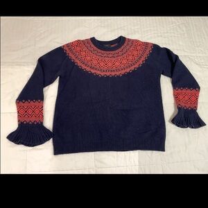 J. Crew Fair Isle Nordic Navy Orange Knit Wool Sweater Ruffle Sleeve Size Large